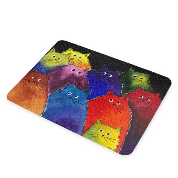 KuzmarK Glass Cheese Cutting Board 11"x7.75" - Very Colorful Two-Toned Silly Maine Coon Kitties Black Background Art by Denise Every