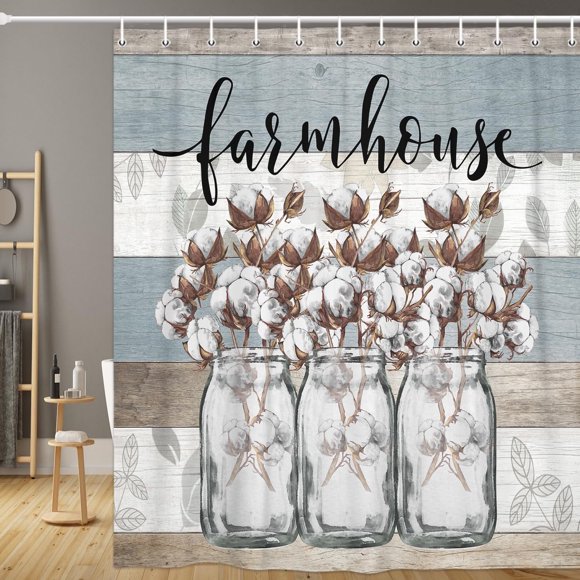 Rideau de Douche Floral Rustique, Fleur de Coton Style Ferme en Pot Mason Gris, Rideau de Douche en Tissu Planches de Bois Rustique Campagnard, Rideaux de Salle de Bain avec Crochets Ensembles 69x70 Pouces