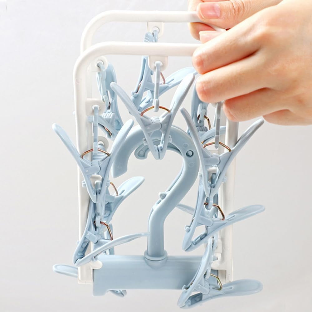 2 Pack Small Folding Portable Underwear Hangers with Clips Socks 12 Clips 360° Rotatable Hook for Drying Towels Bras Baby Clothes Gloves Plast