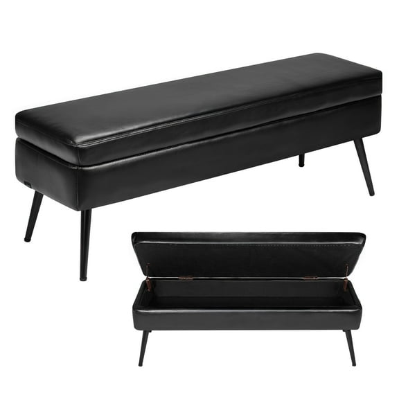 VEVOR Leather Storage Ottoman Bench, PU Leather Bench with Storage and Metal Legs, Modern Shoe Benches Seat for Entryway, Upholstered End of Bed Benches for Living Room, Dining Room, Hallway, Black