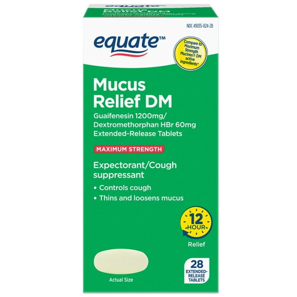 Equate Maximum Strength Mucus Relief DM, Cough Suppressant, Expectorant, Tablets, 28 Count