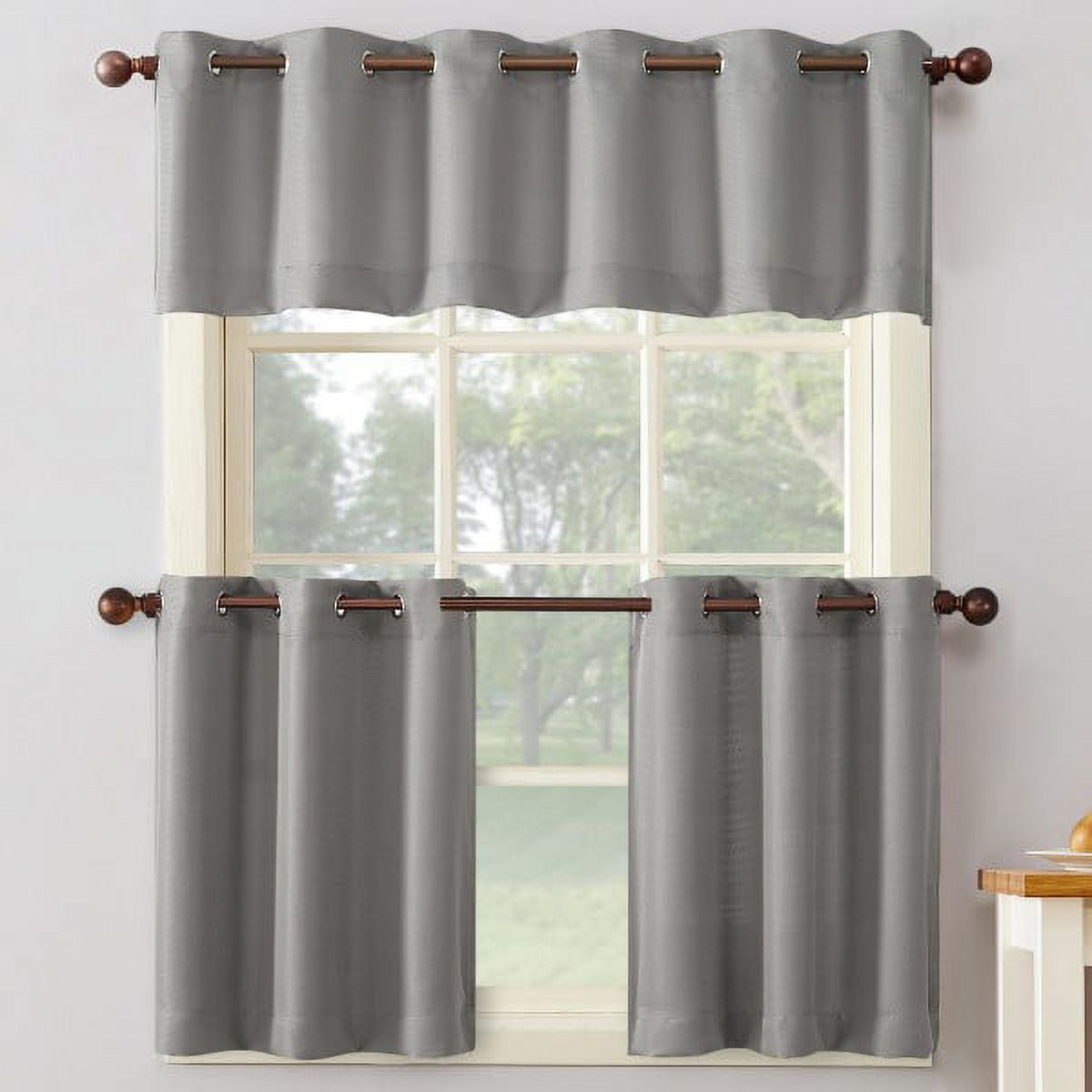 No. 918 Nathan Casual Textured Semi-Sheer Grommet Kitchen Curtains, 56"x14", Nickel