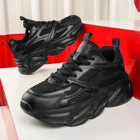 

Women‘s Black Faux Leather Chunky Sneakers Breathable Mesh Platform Running Shoes Women‘s Footwear