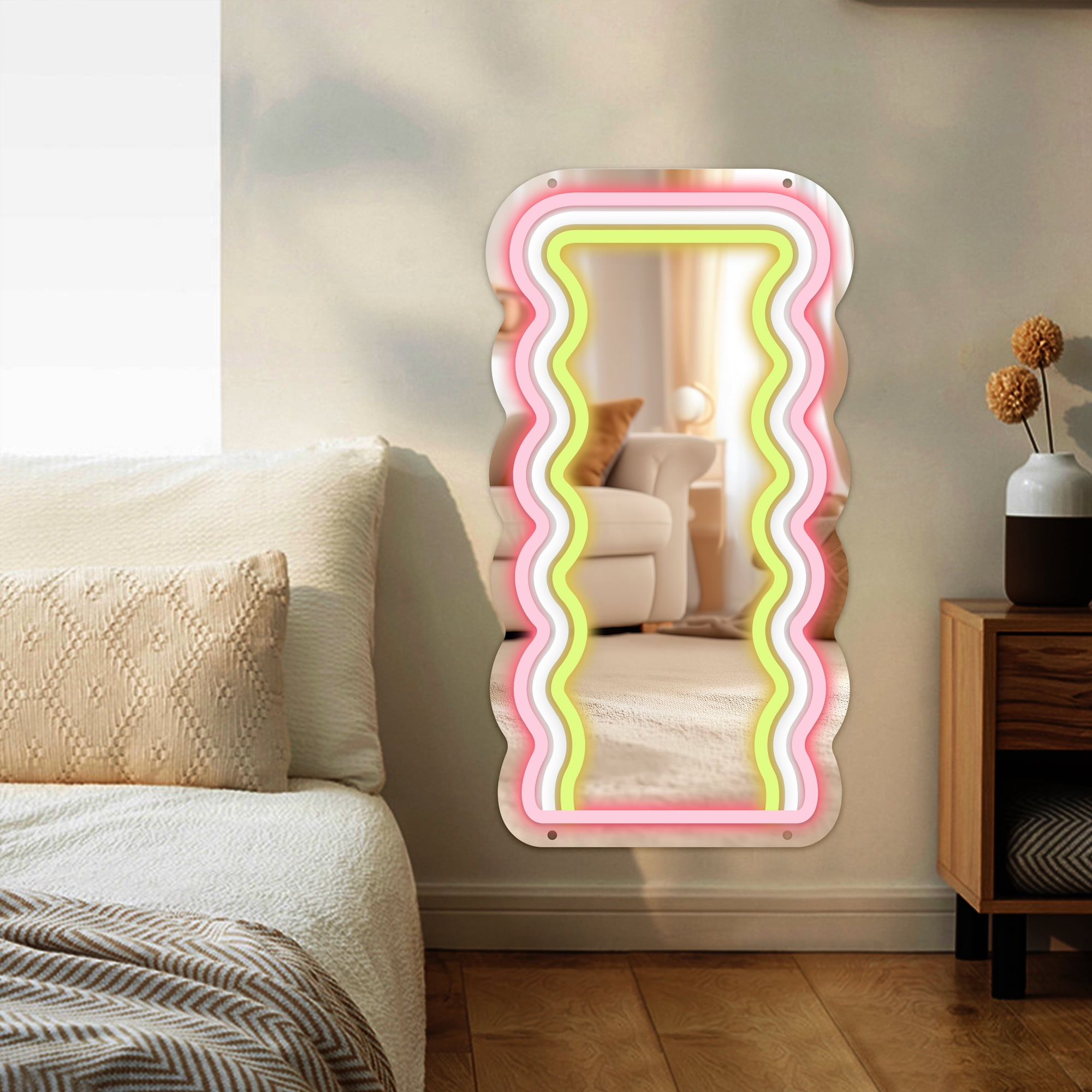 Anime Wave Mirror with Light Neon Signs for Wall Decor, Neon Mirror with Dimmable for Teen Girls Gift，Makeup Mirror Neon Signs Cute Acrylic Mirror for Girls Room
