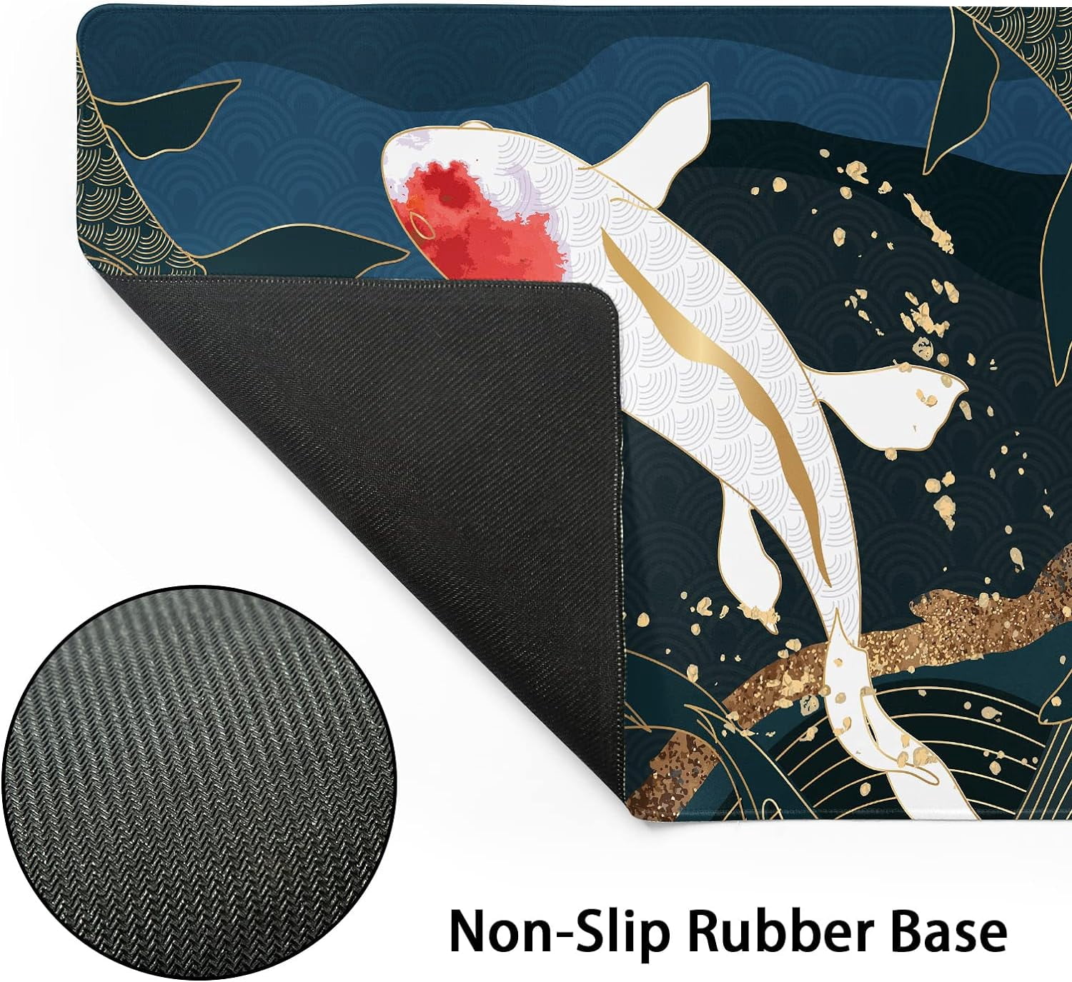 Japanese Anime Gaming Mouse Pad XXL Red White Koi Fish Art Blue Gold Texture Extended Big Large Desk Mat Non-Slip Rubber Base Stitched Edge Long Keyboard Mousepad for PC Computer Laptop,35.4×15.7 in