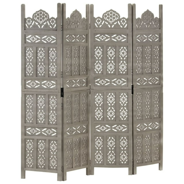 vidaXL Hand carved 4-Panel Room Divider Grey 160x165 cm Solid Mango Wood