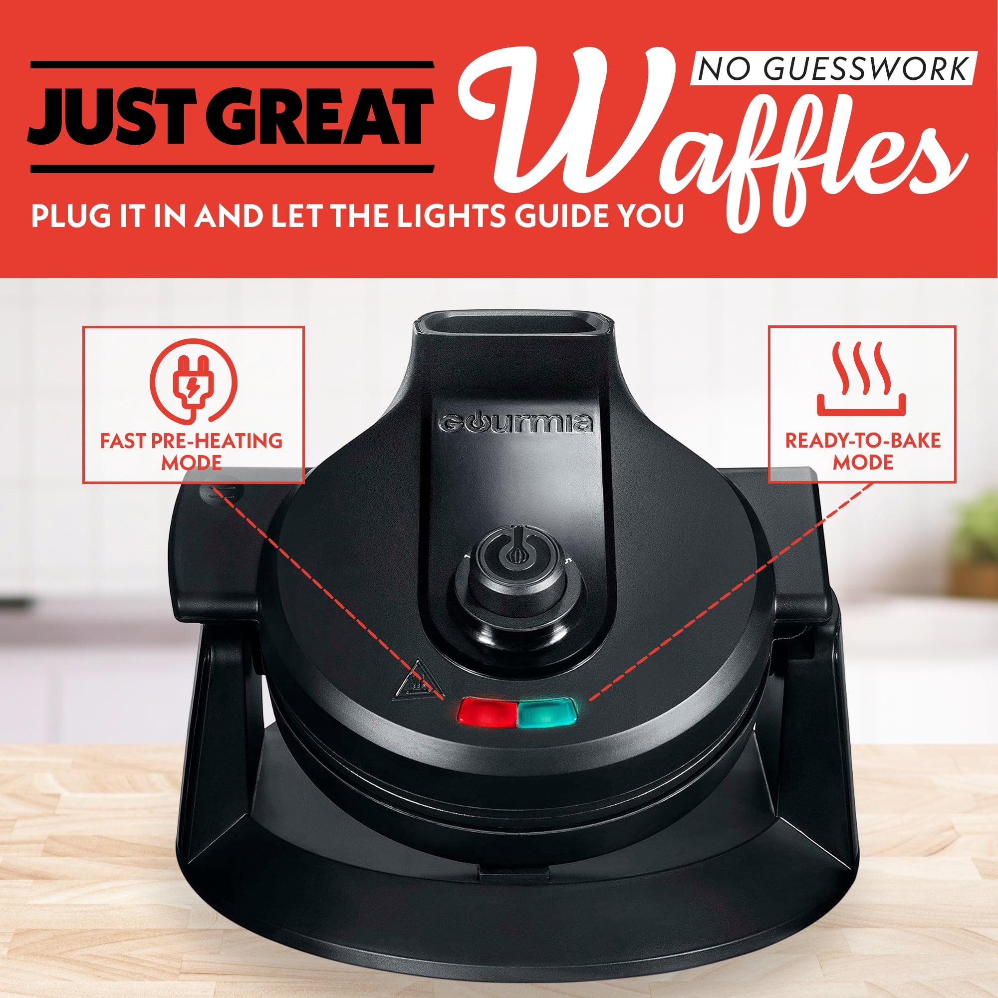 Gourmia Dual Pour Belgian Waffle Maker, Easy Pour Spout, 5 Shade Settings, Black