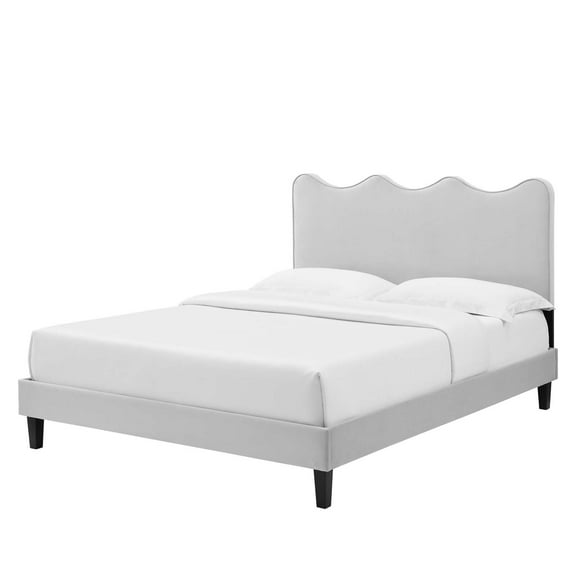 Platform Bed Frame, King Size, Grey Gray, Velvet, Modern Contemporary, Bedroom Master Guest Suite Room