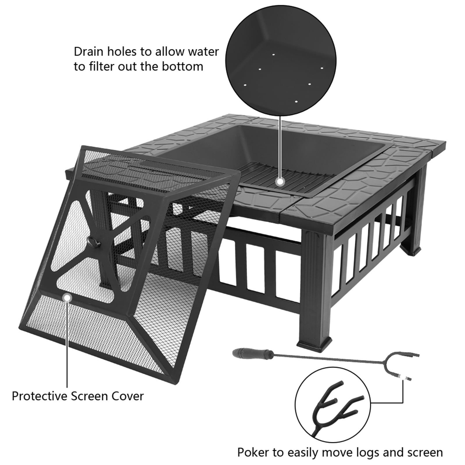 32" Fire Pits for Outside,Portable Courtyard Square Fire Pit Table with Accessories for Camping, Outdoor Heating, Bonfire and Picnic, Black