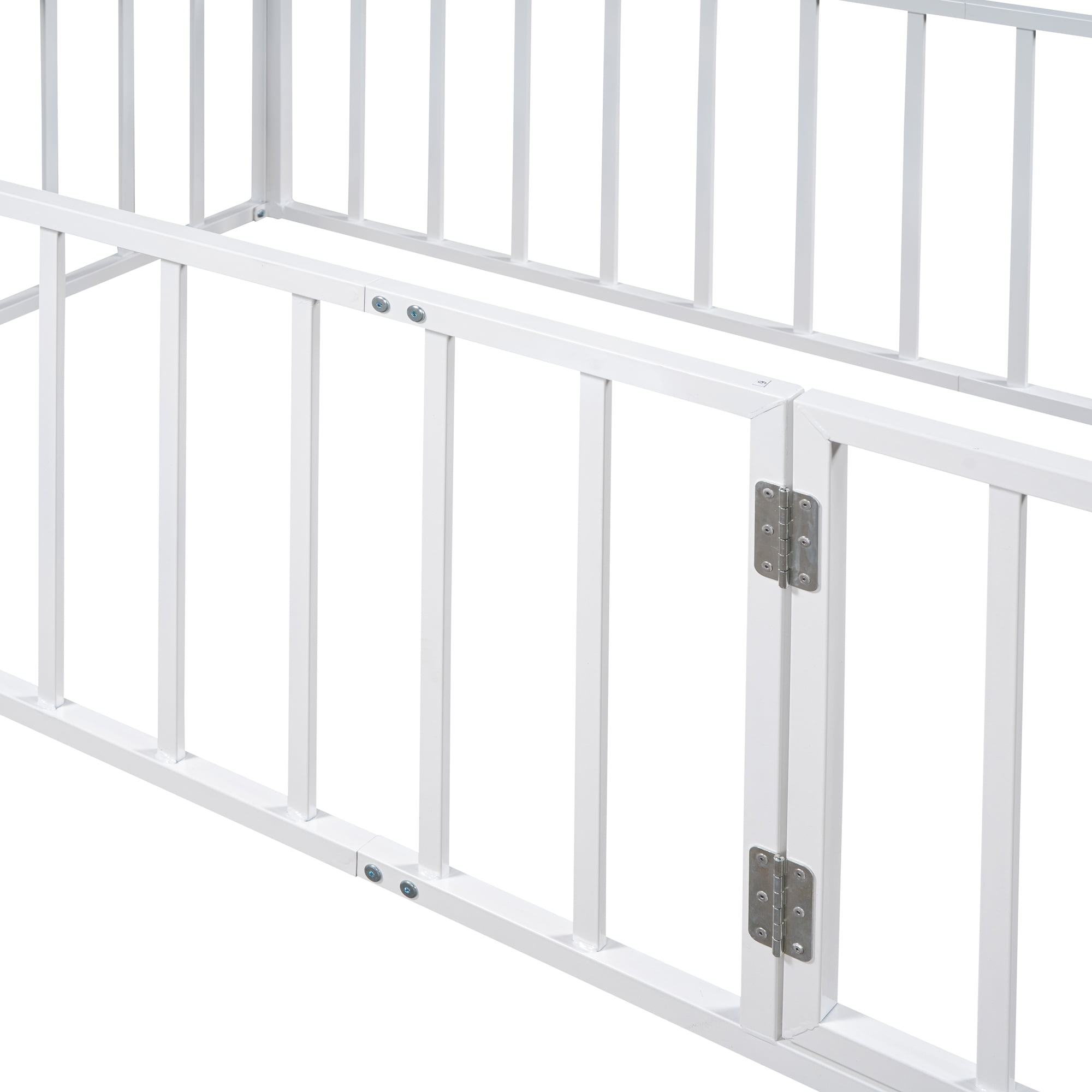 Aukfa Twin Size Metal Bed Frame with with Fence and Door, Floor Bed for Kids Toddler, White