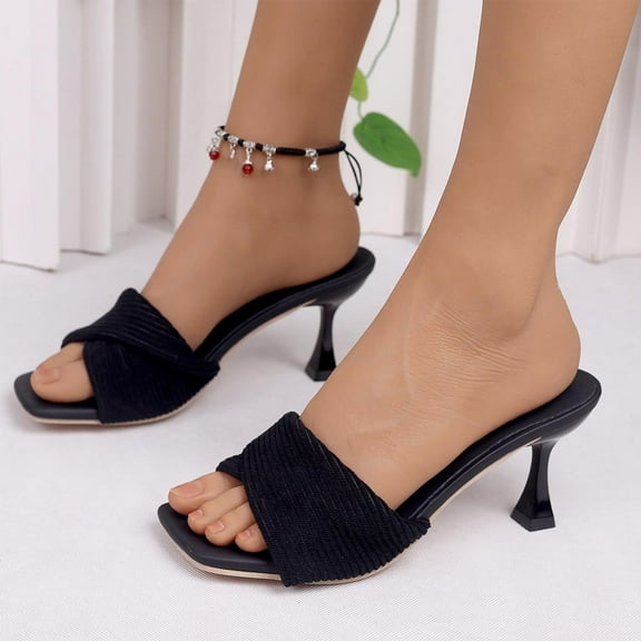 Summer Fashion Beach Sandals For Woman Casual Solid Color Toe Open Toe Sandals Fabric Slippers High Heels Shoes Sandals For Women Black∣ Size 6.5