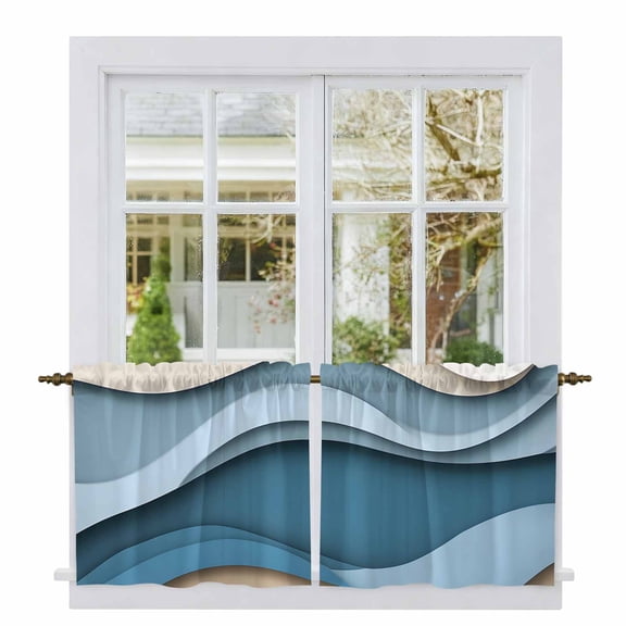 Blue Beige Ombre Tier Curtains, Geometric Moire Abstract Modern Light Filtering Kitchen Curtains, 2Pcs Rod Pocket Half Window Treatments Panels for Sink Cafe Cabinet Camper 27.5x24 Inches