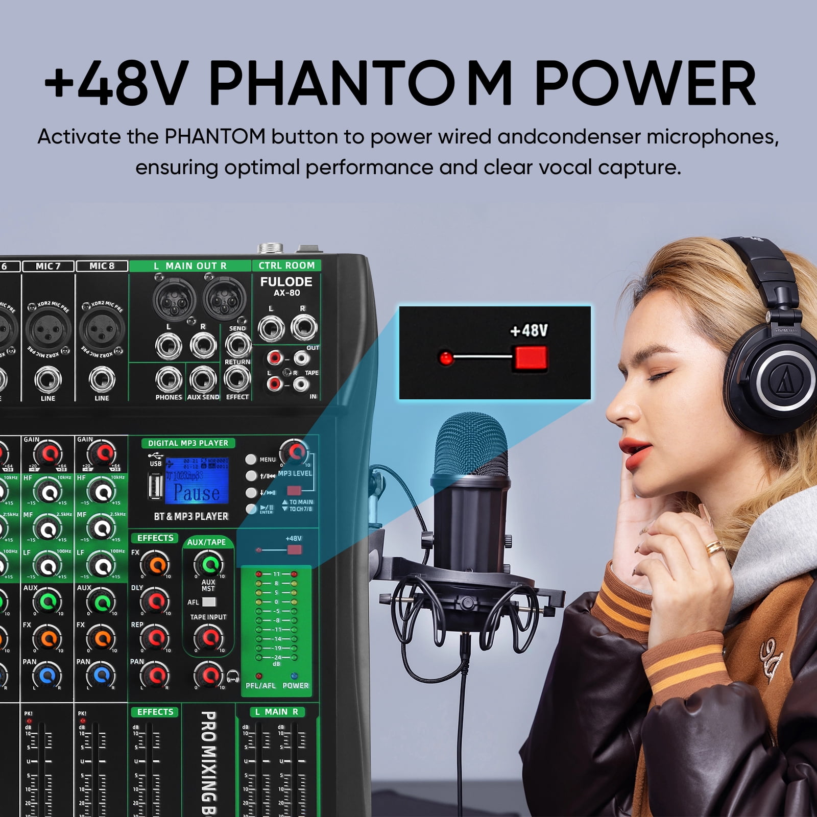 FULODE Audio Mixer 8 Channel Digital Mixer, Professional Bluetooth Sound Board DJ Mixers with 48V Phantom Power, USB Interface Stereo Mixing Console Analog Mixer for Karaoke Podcasting (AX-80)