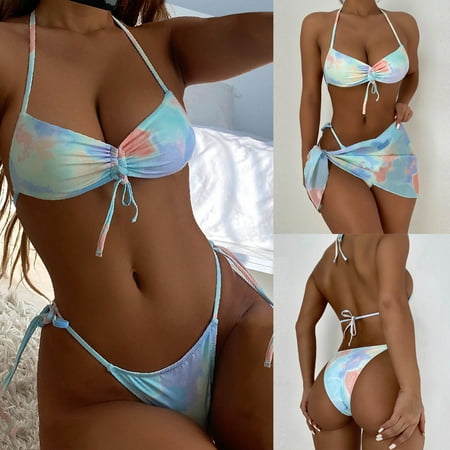

wofedyo Women Two-Piece Tie-dye Knotting Push-Up Padded Bra Bikini Swimwear Beachwear
