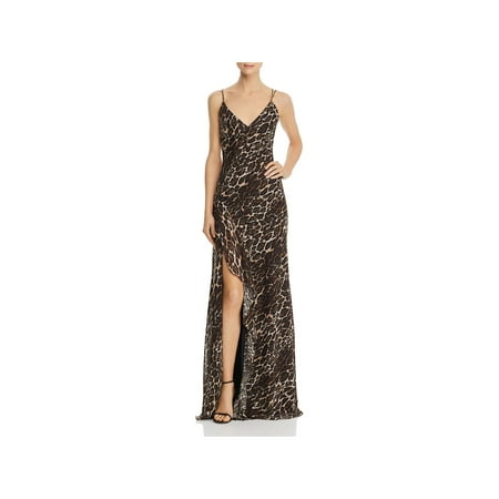 

AQUA DRESSES Womens Brown Slitted Cascade Ruffle Animal Print Spaghetti Strap V Neck Full-Length Evening Gown Dress 4
