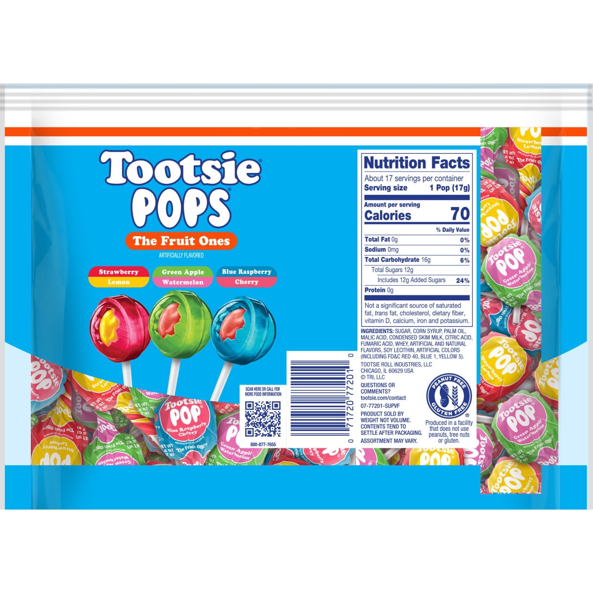 Tootsie Pops, The Fruit Ones, 10.125 oz. Bag. Peanut Free, Gluten Free. Contains Milk and Soy.