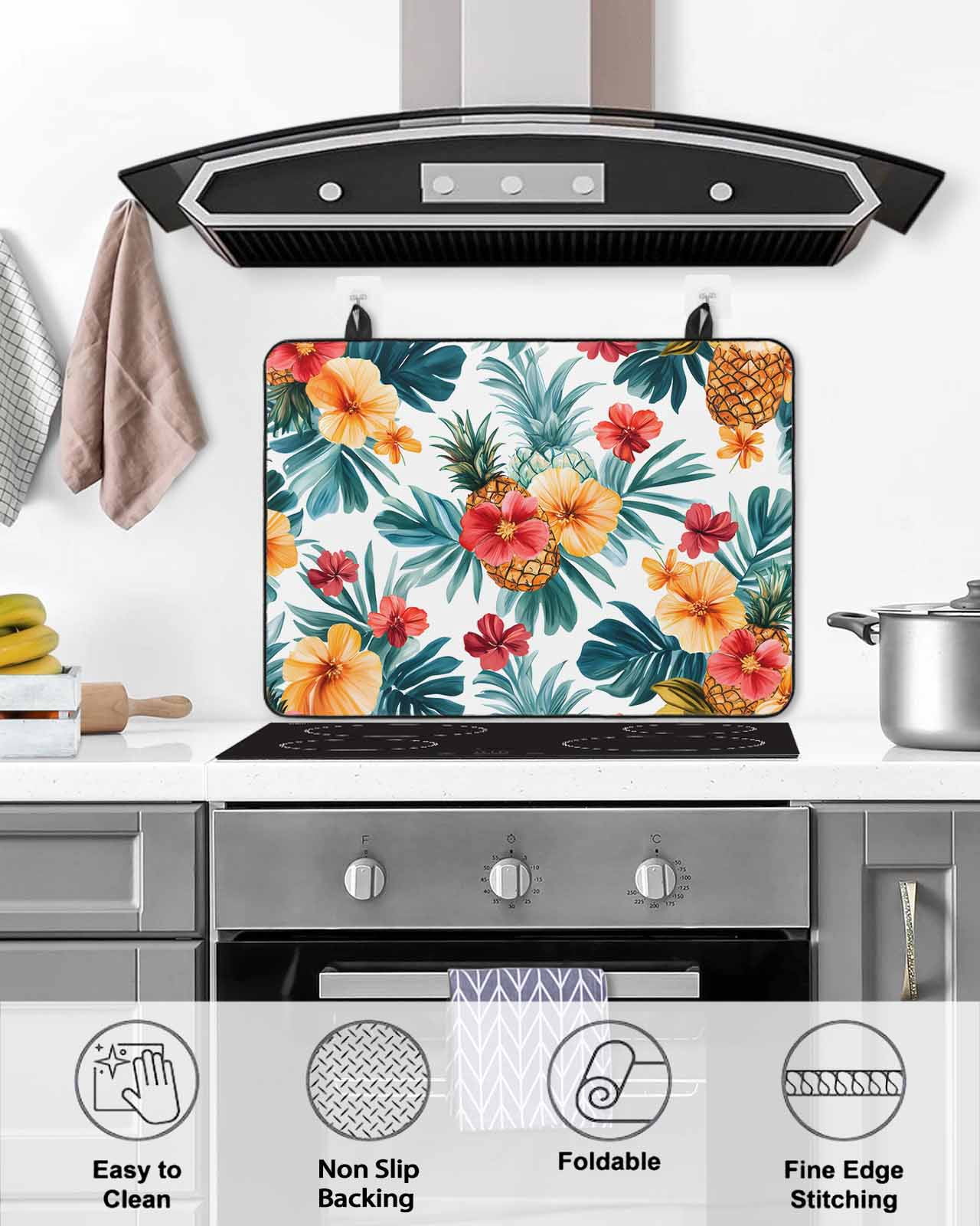nqOlkjepod Large Induction Cooktop Protector Mat 36"x21", Tropical Leaves Floral Stove Top Covers for Electric Stove, Summer Pineapple Flowers Stove Burner Cover Mats, Glass Top Stove Cover