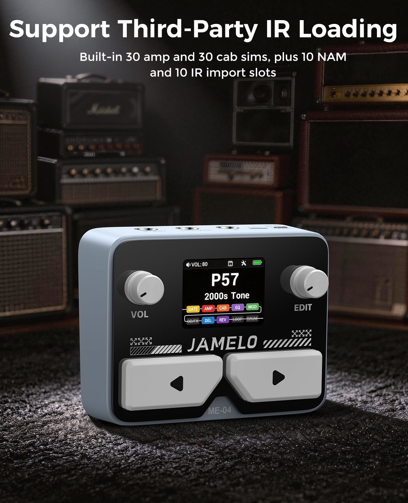 JAMELO Gray ME-04 MINI Pocket Multi-Effects Guitar Pedal with 10 Effects Modules 100 Drum Rhythms and 40-second Stereo Looper 99 Presets 40 Amp/Cab Processor OTG USB Audio Interfac
