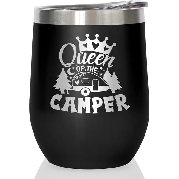 Queen of The Camper Wine Tumbler, Camping Gifts Coffee Mug Cup, Camp Wine Glass Stemless Tumblers with Lid Stainless Steel Insulated Vacuum, RV Gifts for Women Camper Travel Outdoors 12 Oz