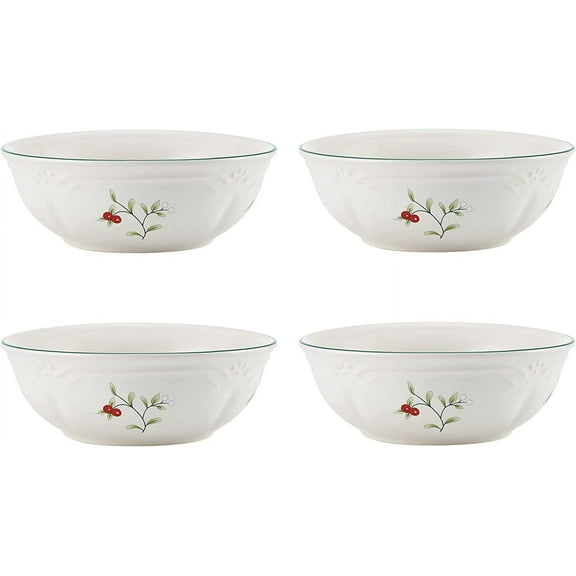 Pfaltzgraff Winterberry 5.8 in Soup Cereal Bowl Set of 4, White with Green and Red Accents