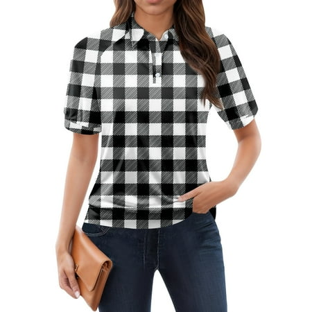 NAMTYQX Women's Blouses & Shirts Womens Bowling Shirt Soft Slacking Lapel Fashion Short Sleeve Black Size 2XL