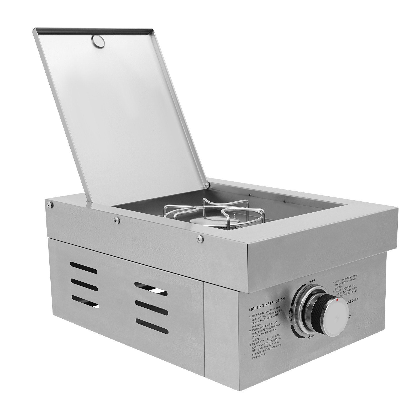 304 Stainless Steel Gas Stove, Grilling Side Burners Propane Single Burner with Cover, 3.5kW High Power Built-in Cooktop for Outdoor Kitchen & BBQ