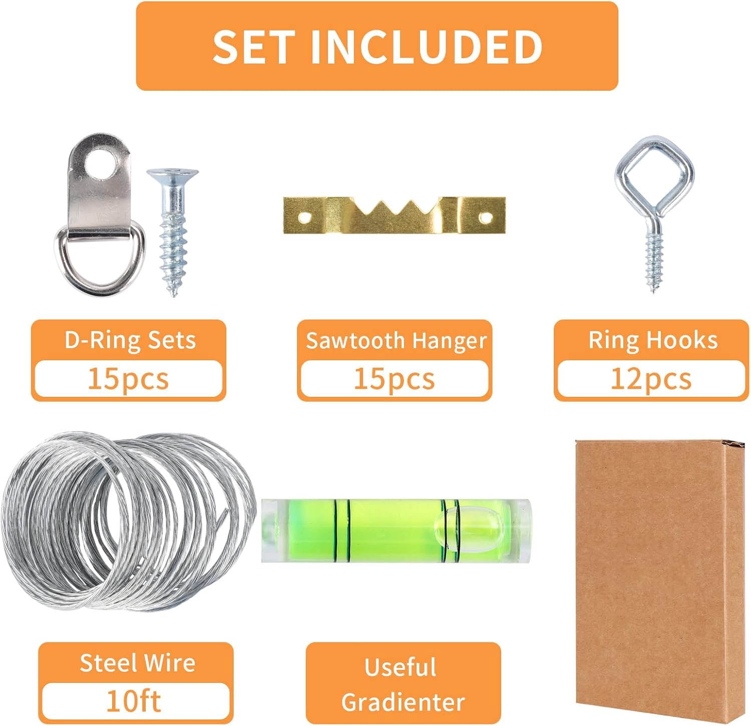 Picture Hanging Kit, Hangers, Heavy Duty Frame Hooks Assortment with Nails, Hanging Wire, Screw Eyes, D Ring and Sawtooth Hardware for Frames Mounting