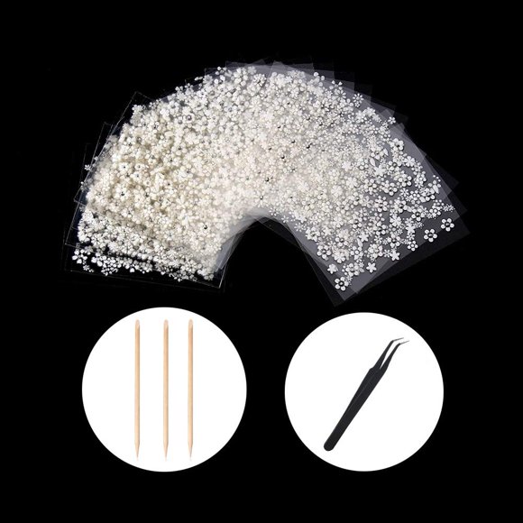 WOKOTO 30 pegatinas adhesivas blancas para uñas 3D, accesorios de decoración de uñas con 1 pinza antiestática y 5 empujadores de cutículas de madera para decoración de uñas