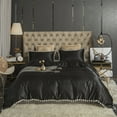 thumbnail image 2 of Move Over Black Satin Bedding Sets King Silk like Satin Duvet Cover Set White Fringe Pattern Satin Microfiber No Filling, 2 of 10