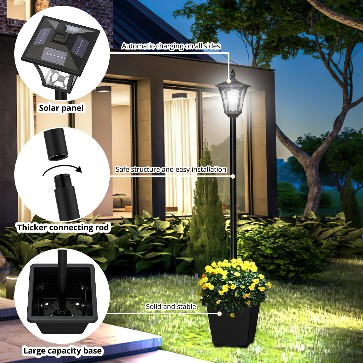 64" Solar Lamp Post Light with Planter, 60 Lumen Street Light Outdoor Waterproof, Outside Pole Lamp Dusk to Daw for Pathway, Garden, Driveway, Lawn, Front Back Door, 6000K Cool White