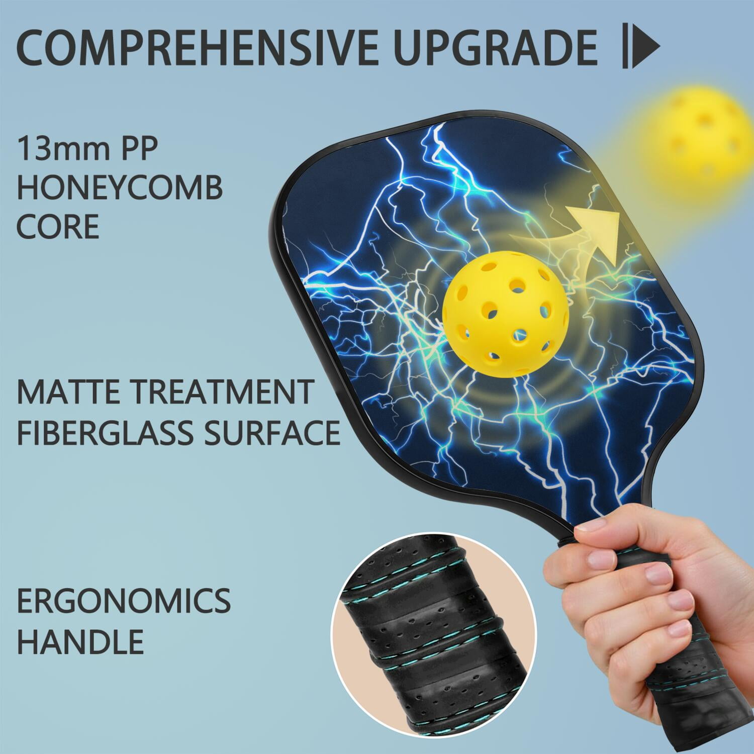 Pickleball Paddles Set Of 1, Fiberglass Surface, Speed, Lightning, Thunder Print, 1 Paddle, 2 Balls & Bag