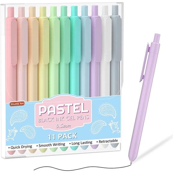 Retractable Pastel Gel Ink Pens, Shuttle Art 11 Pack Black Ink Pens, Cute Pens 0.5mm Fine Point for Writing Journaling Taking Notes
