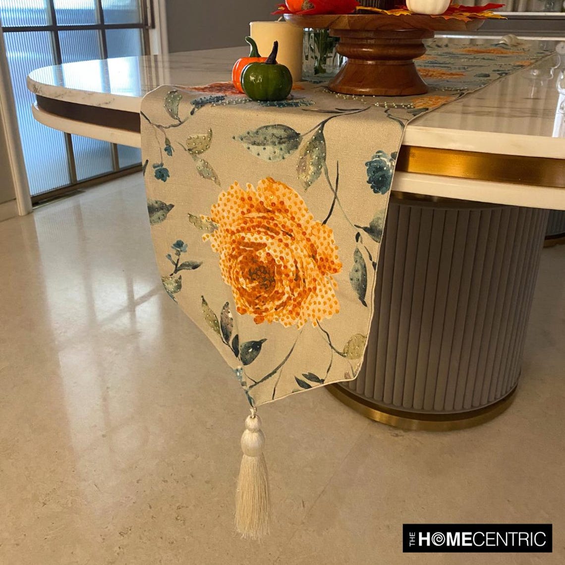 Decorative Orange & Green Table Runner 4 - 6 Seater Table Runner (14 x 64 inch), Sequins, Roses Tassels Table Runner, Cotton fabric Table Linen, Floral Contemporary - Orange Rosiness