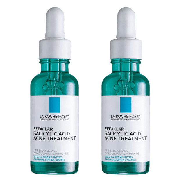 2pc la roche-posay effaclar sérum ultra concentrado anti-imperfecciones 30ml Pack de dos frascos verde azulado translúcidos con cuentagotas blanco, etiquetas blancas con logo y texto 'salicylic acid acne treatment', vista frontal sobre fondo blanco; apto como tratamiento tópico para reducir imperfecciones y a menudo usado para puntos localizados.