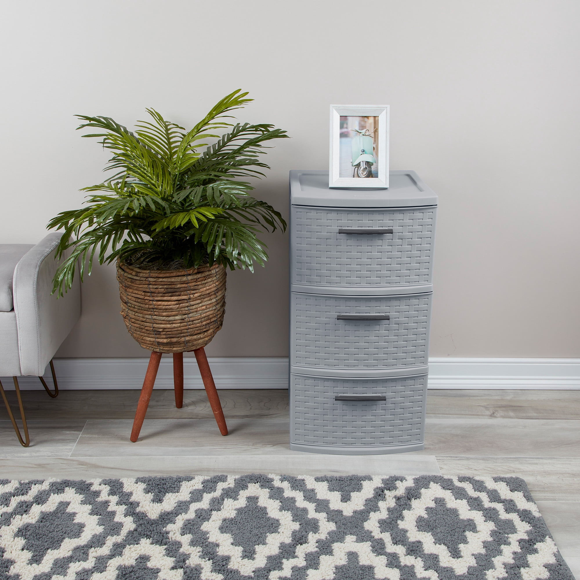 Sterilite 3 Drawer Storage Tower, Plastic Weave Medium Home Organizer, Cement, 2 Pack