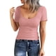 thumbnail image 1 of Gibobby Playeras Mujer Camisa de punto ajustada de manga corta con cuello redondo para mujer, camisetas ajustadas básicas, camisetas de verano de Color sólido Henley（Rosa， M), 1 of 4
