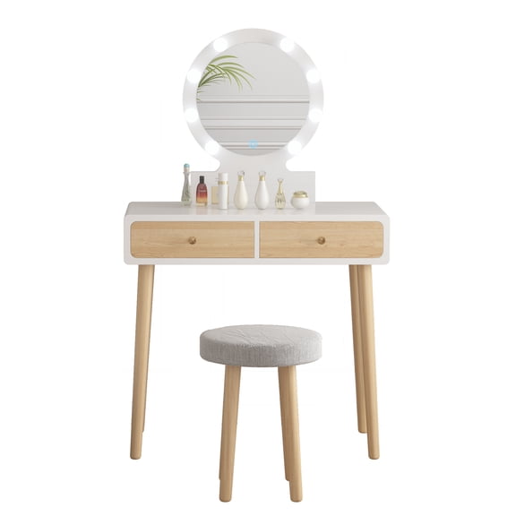 Makeup Vanity Desk – White Dressing Table with 3-Color LED Lighted Mirror, Cushioned Stool, 2 Large Drawers – Bedroom Vanity Set
