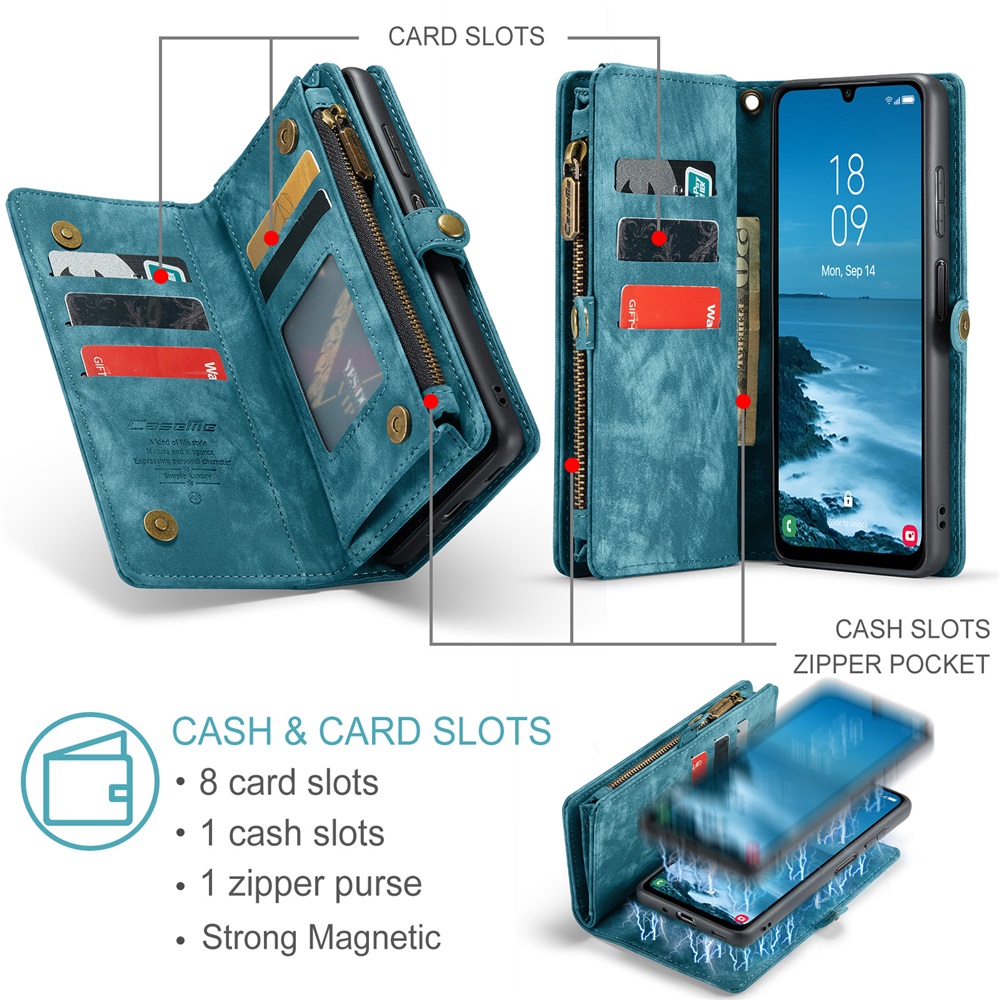CaseMe Leather Case for Samsung Galaxy A17,2 in 1 Detachable Wallet Case with 8-Card Holder Zipper Bills Slot,Magnetic Shockproof Flip Leather Cover Zipper Pocket Phone Cases,Blue,For Galaxy A17