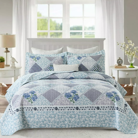 DUOHONG Floral Bedspreads Queen Size 102"W x 120"L - 100% Cotton Reversible Oversized Quilt with 2 Pillow Shams, Farmhouse Lightweight Bedspread Bedding Set, Blue/Light Blue