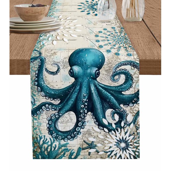Ldtrchee Coastal Octopus Table Runner 72 Inches, Vintage Beach Teal Coral Nautical Bed Runner Dresser Scarves Tabletop for Indoor Outdoor Parties/Ceremony/Banquet, 16" x 72"