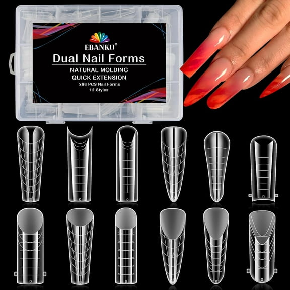 Kalolary Dual Forms for Poly Nail Gel 288 PCS Dual Nail Forms Molds Stiletto Coffin Ballerina Acrylic Nail Tips 12 Shapes for Builder Gel Manicure Nail Art Design Salon DIY at Home
