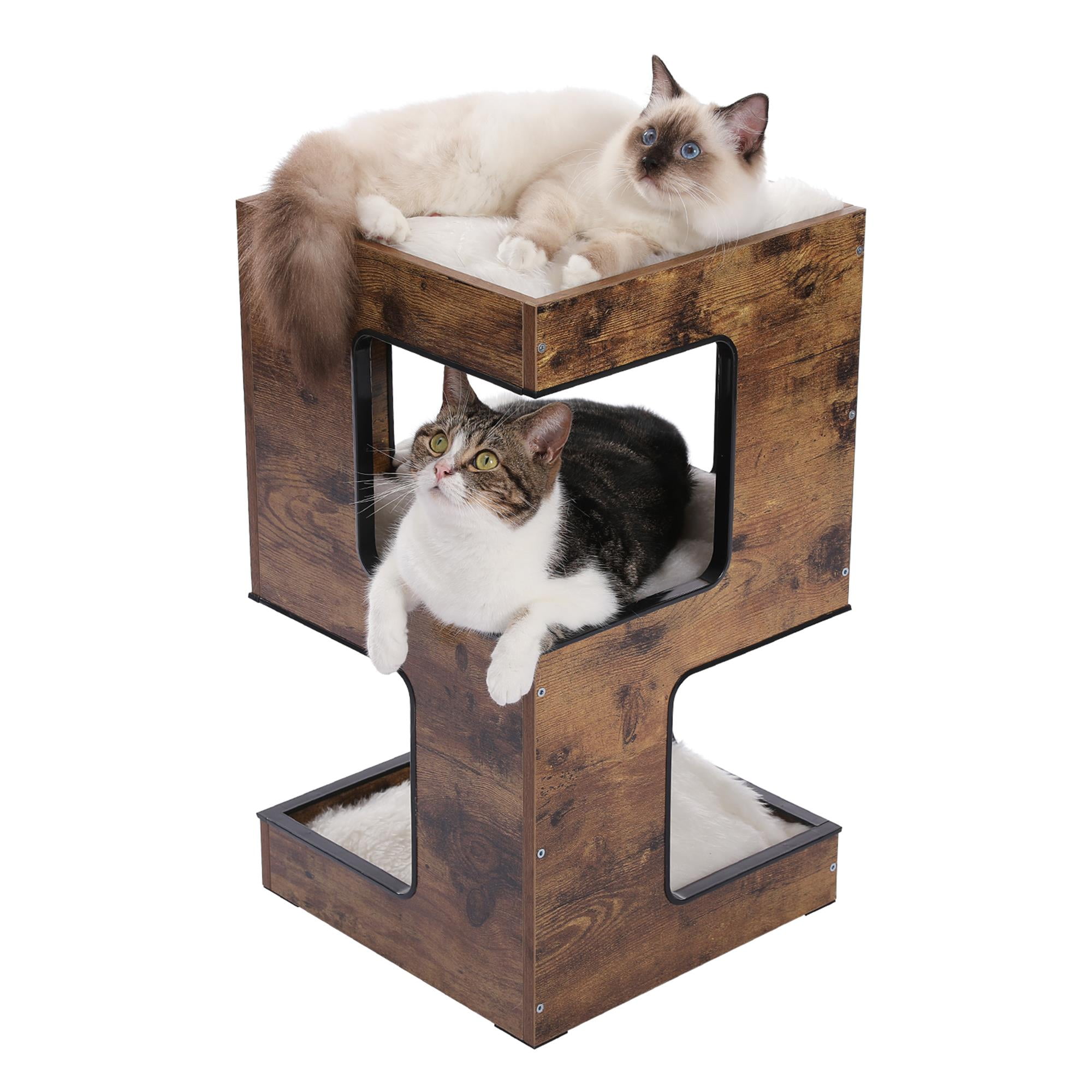 Pefilos 23.6 Cat Tree House for Indoor Cats Wood Cat House for Kittens Cat Condo with Free Cat Toy Scratching Pad and Removable Soft Mats Brown