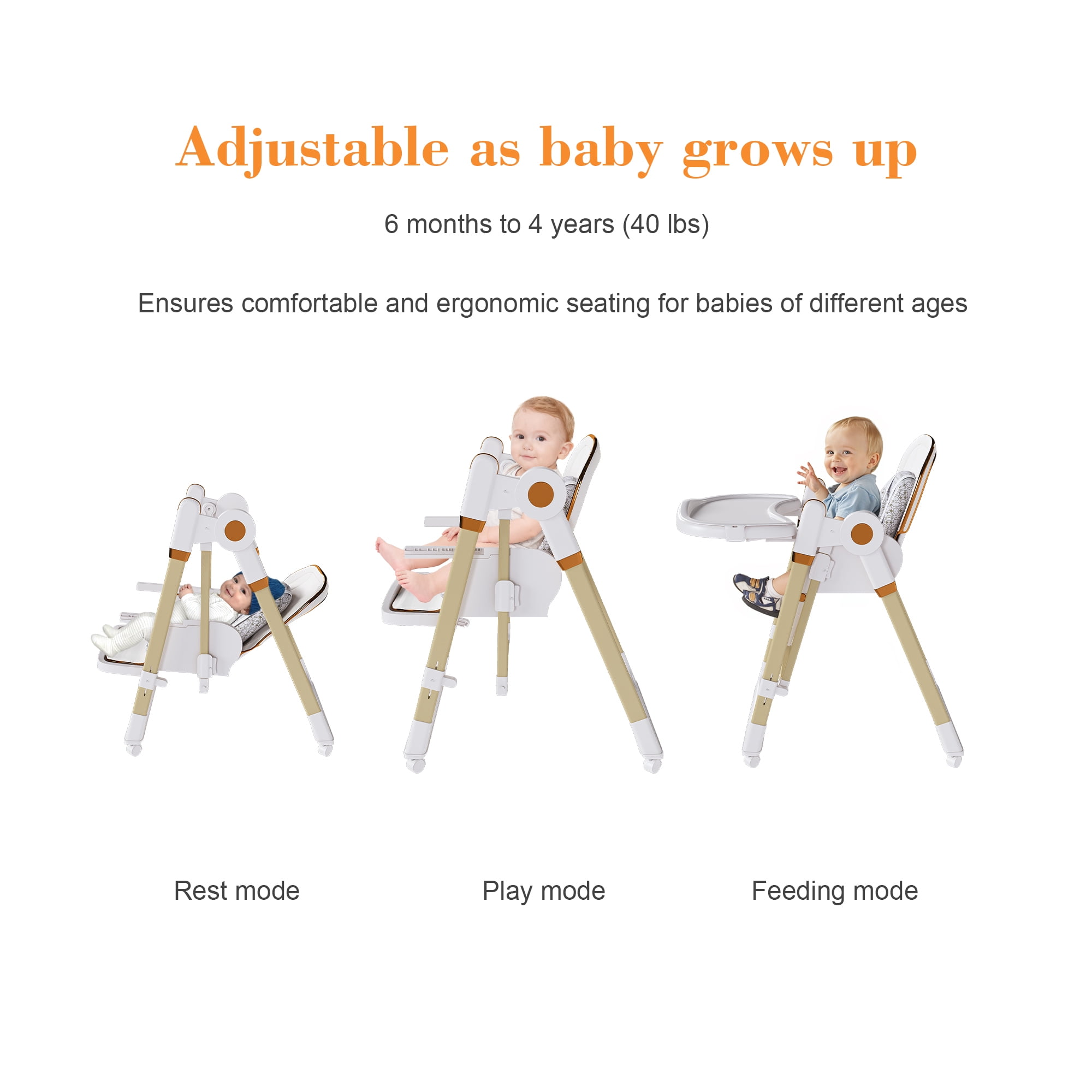 Jopath Convertible Baby High Chair with 5-Point Harness,Adjustable Portable Foldable Feeding Chair with Wheels & Removable 2-Tier Tray for Dining,White