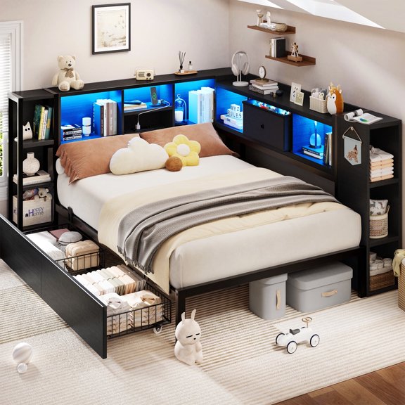 Breltam Twin Size Corner Bed Frame with Storage Drawers and Bookcase, Charging Station and LED Lights, Black