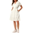 thumbnail image 6 of Allegra K Women's Notched Lapel V Neck Elastic Waist Shirt Dress with Pockets, 6 of 7