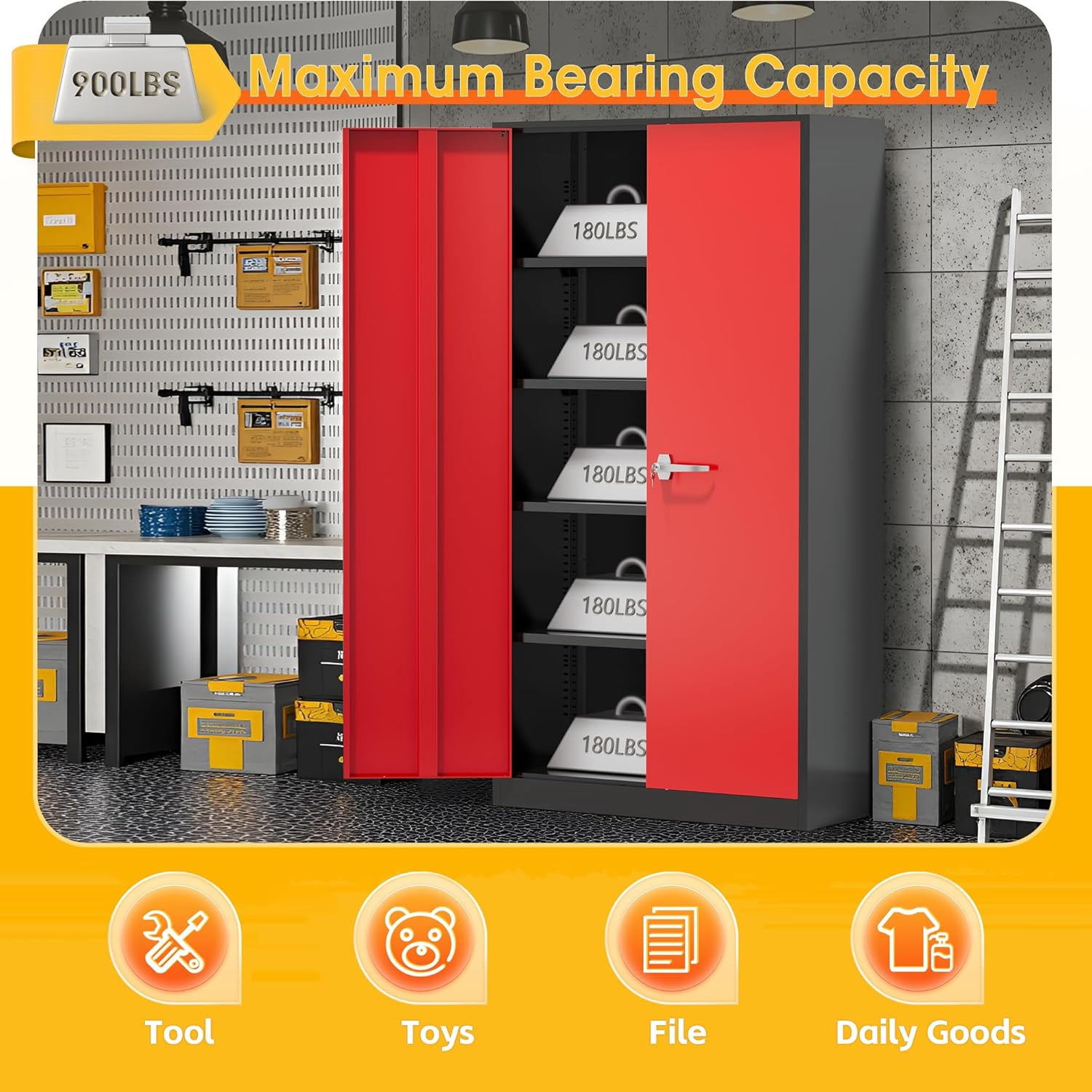 SOLAURA 72" Metal Garage Storage Cabinet with Locking Doors and Adjustable Shelves for Home, Office(Black Red )