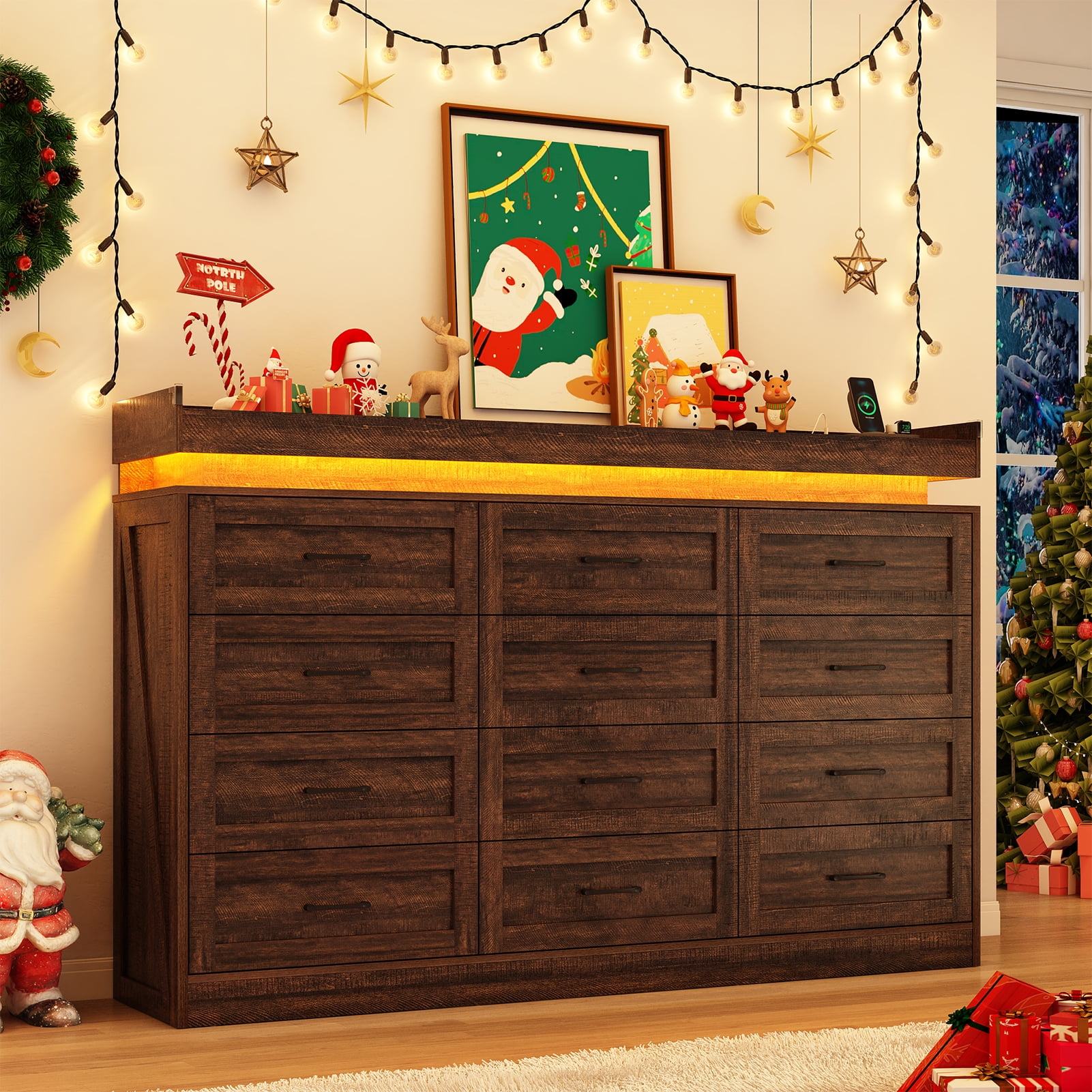 ChVans 12 Drawer Dresser with LED Light and Charging Station, 71" Wide 46" Tall Farmhouse Large Chest of Drawers for Closet, Large Wide Drawer Organizer Cabinet for Bedroom, Living Room