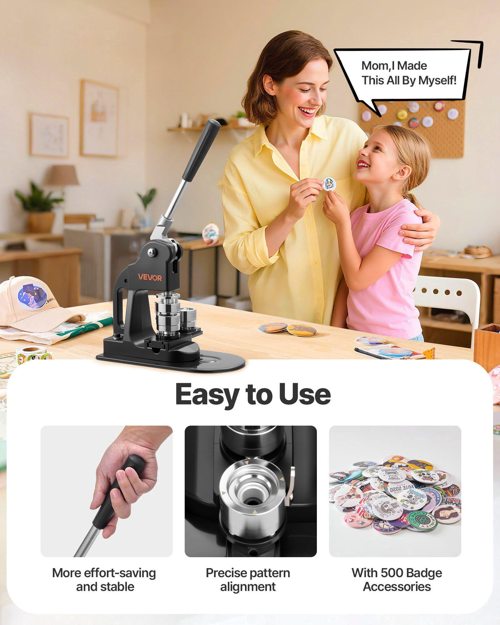 1 Inch Button Maker Machine with 500pcs Parts Circle Cutter Hex Wrenches Magic Book Ergonomic Handle for DIY Badges Pins Keychains Black