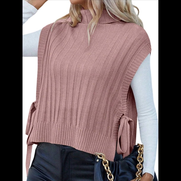 Chaleco Tipo Suéter para Mujer, Sin Mangas, con Lazo Lateral, Acanalado, con , Informal, Sin Camiseta. Rosa M