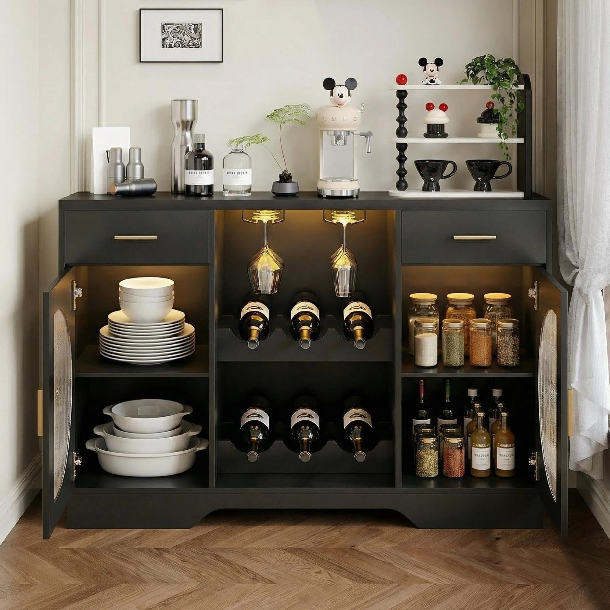 Kbun Coffee Bar Cabinet with Fridge Space, Wine Bar with LED Lights & Power Outlet, Sideboard for Home with Glass Doors, Freestanding Liquor Cabinet, Black